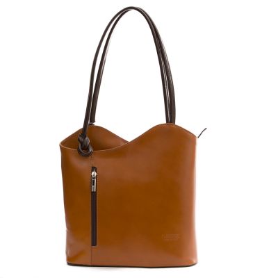 FLORENCE włoska asymetryczna camel / ruda + brąz skórzana torebka 2w1