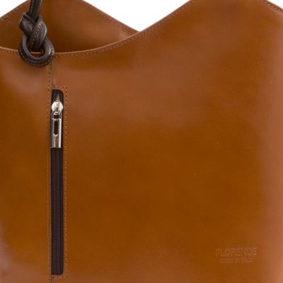 FLORENCE włoska asymetryczna camel / ruda + brąz skórzana torebka 2w1