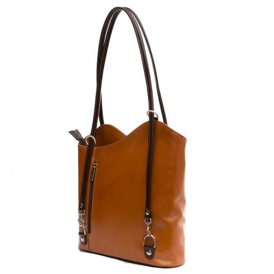 FLORENCE włoska asymetryczna camel / ruda + brąz skórzana torebka 2w1