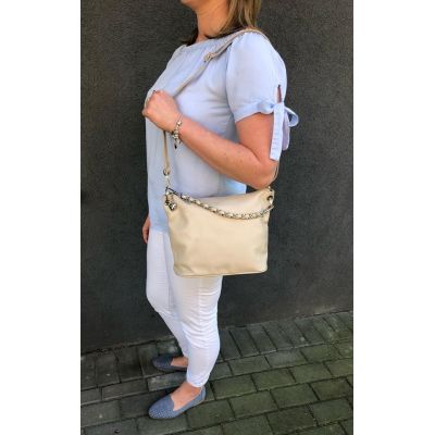 NOWOŚĆ! Włoska beżowa / nude torebka miękka skóra cielęca + ŁAŃCUSZEK