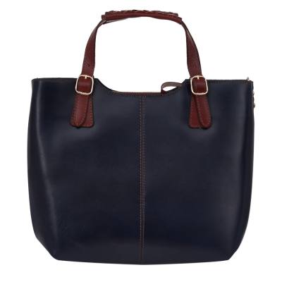 Włoska granatowa + brąz A4 klasyczna skórzana torebka shopper bag