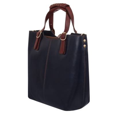 Włoska granatowa + brąz A4 klasyczna skórzana torebka shopper bag