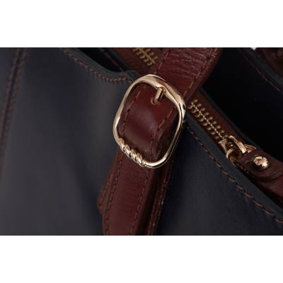 Włoska granatowa + brąz A4 klasyczna skórzana torebka shopper bag