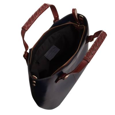 Włoska granatowa + brąz A4 klasyczna skórzana torebka shopper bag