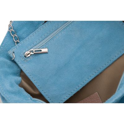 Włoska niebieska błękitna / baby blue A4 skórzana torebka worek MIĘKKA SKÓRA ZAMSZOWA na zamek - OSTATNI EGZEMPLARZ