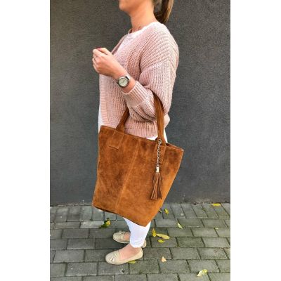 Włoska ruda camel A4 skórzana torebka worek MIĘKKA SKÓRA ZAMSZOWA na zamek