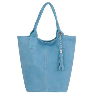 Włoska niebieska błękitna / baby blue A4 skórzana torebka worek MIĘKKA SKÓRA ZAMSZOWA na magnes