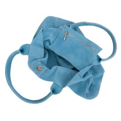 Włoska niebieska błękitna / baby blue A4 skórzana torebka worek MIĘKKA SKÓRA ZAMSZOWA na magnes