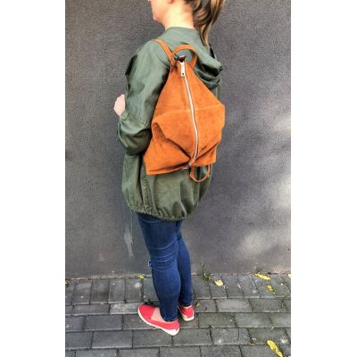 włoski plecak rudy camel zamszowa skórzana torebka worek SKÓRA zamsz naturalny 2w1