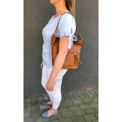 Włoska pojemna ruda camel torebka miękka skóra naturalna worek