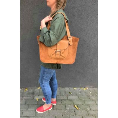 Włoska camel ruda A4 skórzana torebka SKÓRA LICOWA + ZAMSZOWA