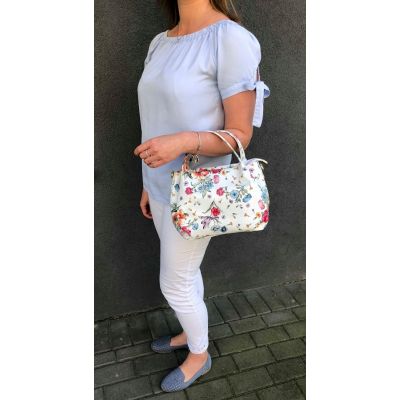 Włoska biała kwiaty pojemna skórzana torebka SKÓRA NATURALNA miękki kuferek