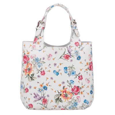 L'ARTIGIANO Włoska kwiaty biała A4 klasyczna skórzana torebka shopper bag