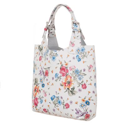 L'ARTIGIANO Włoska kwiaty biała A4 klasyczna skórzana torebka shopper bag