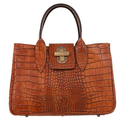 - Vera Pelle - Włoska ruda camel elegancka skórzana torebka kuferek SKÓRA KROKODYL