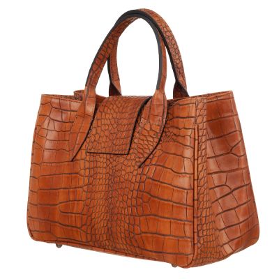 - Vera Pelle - Włoska ruda camel elegancka skórzana torebka kuferek SKÓRA KROKODYL