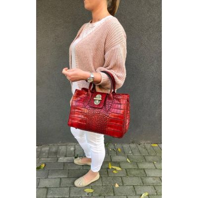 - Vera Pelle - Włoska granatowa elegancka skórzana torebka kuferek SKÓRA KROKODYL