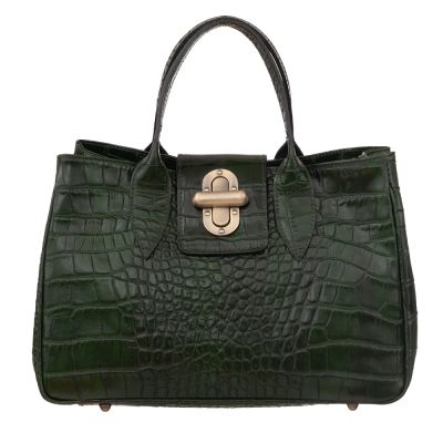 Vera Pelle - Włoska zielona elegancka skórzana torebka kuferek SKÓRA KROKODYL