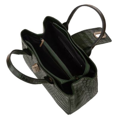 Vera Pelle - Włoska zielona elegancka skórzana torebka kuferek SKÓRA KROKODYL