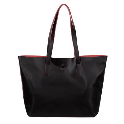 -36% czarna polska klasyczna A4 skórzana torebka shopper bag CZERWONY ŚRODEK