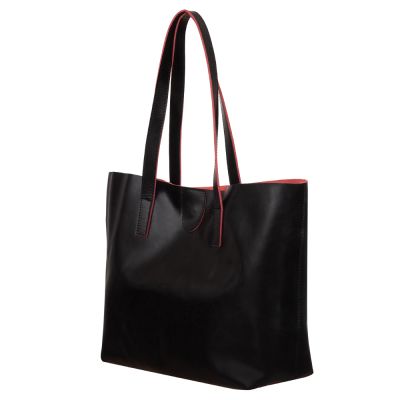 -36% czarna polska klasyczna A4 skórzana torebka shopper bag CZERWONY ŚRODEK