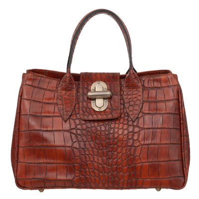 Vera Pelle - Włoska brązowa elegancka skórzana torebka kuferek SKÓRA KROKODYL