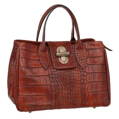 Vera Pelle - Włoska brązowa elegancka skórzana torebka kuferek SKÓRA KROKODYL