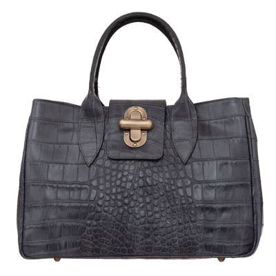 Vera Pelle - Włoska szara elegancka skórzana torebka kuferek SKÓRA KROKODYL