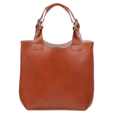 L'ARTIGIANO Włoska camel / ruda A4 klasyczna skórzana torebka shopper bag