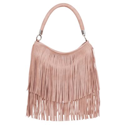 Gallantry Paris - FRĘDZLE pudrowa różowa skórzana modna torebka BOHO HIPPIE