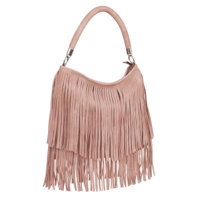 Gallantry Paris - FRĘDZLE pudrowa różowa skórzana modna torebka BOHO HIPPIE