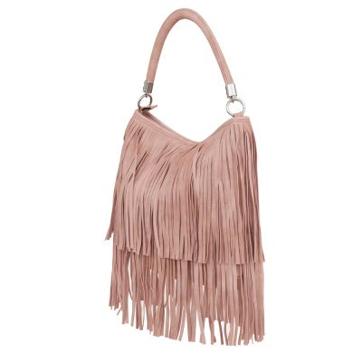 Gallantry Paris - FRĘDZLE pudrowa różowa skórzana modna torebka BOHO HIPPIE