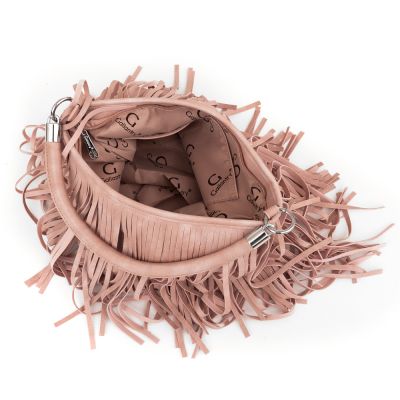 Gallantry Paris - FRĘDZLE pudrowa różowa skórzana modna torebka BOHO HIPPIE