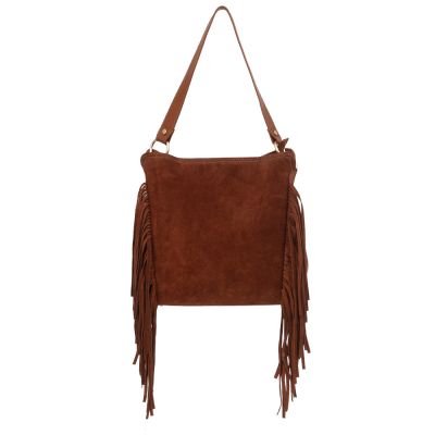 -30% Włoska camel ruda A4 skórzana torebka worek MIĘKKA SKÓRA LICOWA + ZAMSZOWA frędzle