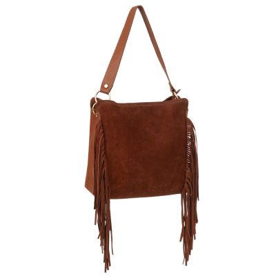 -30% Włoska camel ruda A4 skórzana torebka worek MIĘKKA SKÓRA LICOWA + ZAMSZOWA frędzle