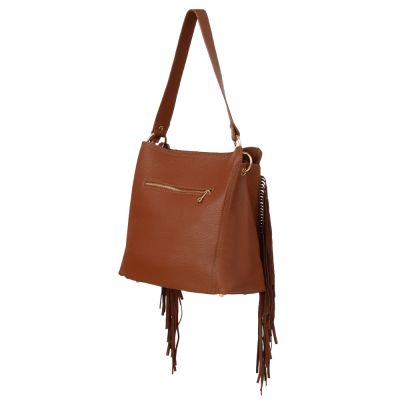 -30% Włoska camel ruda A4 skórzana torebka worek MIĘKKA SKÓRA LICOWA + ZAMSZOWA frędzle