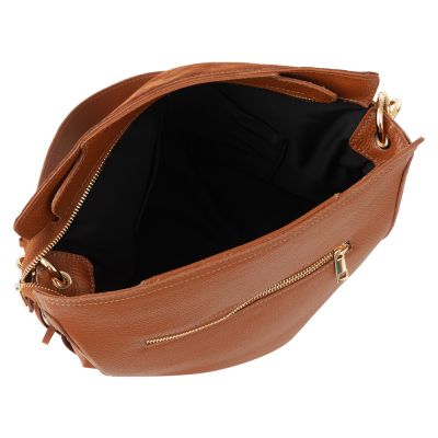 -30% Włoska camel ruda A4 skórzana torebka worek MIĘKKA SKÓRA LICOWA + ZAMSZOWA frędzle