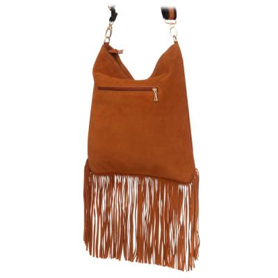 -30% Włoska camel ruda A4 skórzana torebka worek MIĘKKA SKÓRA LICOWA + ZAMSZOWA frędzle