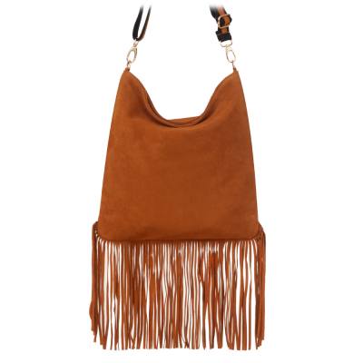 -30% Włoska camel ruda A4 skórzana torebka worek MIĘKKA SKÓRA LICOWA + ZAMSZOWA frędzle
