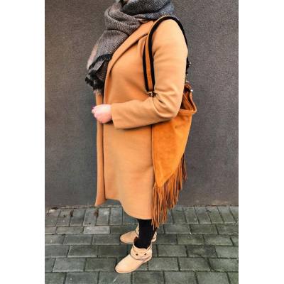 -30% Włoska camel ruda A4 skórzana torebka worek MIĘKKA SKÓRA LICOWA + ZAMSZOWA frędzle
