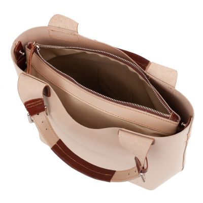 L'ARTIGIANO Włoska beżowa / nude A4 klasyczna skórzana torebka shopper bag