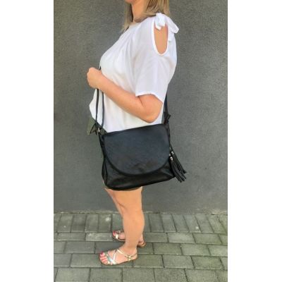 CZARNA modna pojemna torebka klapa frędzle boho