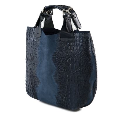Włoska granatowa krokodyl A4 skórzana XL torebka shopper bag - OSTATNI EGZEMPLARZ