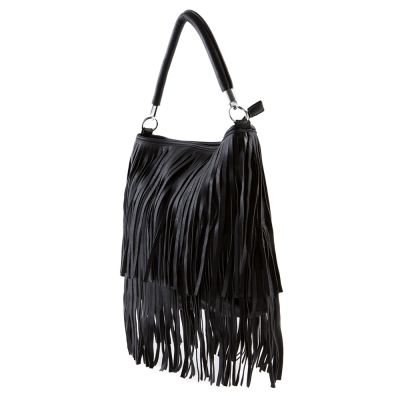 Gallantry Paris - FRĘDZLE czarna skórzana modna torebka BOHO HIPPIE