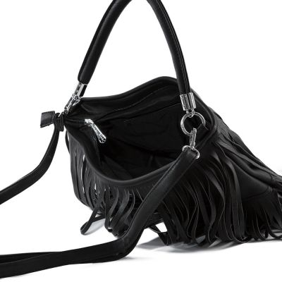 Gallantry Paris - FRĘDZLE czarna skórzana modna torebka BOHO HIPPIE
