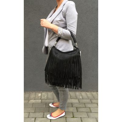 Gallantry Paris - FRĘDZLE czarna skórzana modna torebka BOHO HIPPIE