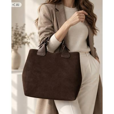- Czekoladowa zamszowa torebka shopper ciemny brąz ZAMSZ NATURALNY Vera Pelle