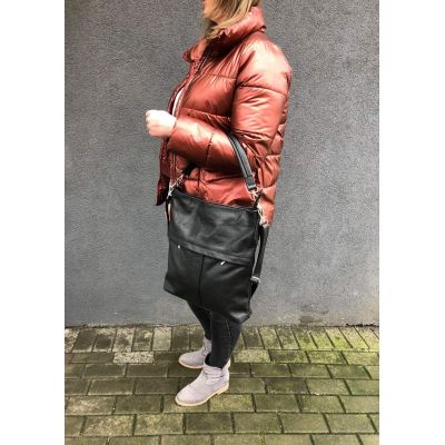 GRANATOWA skórzana torebka 100% MIĘKKA SKÓRA NATURALNA worek A4