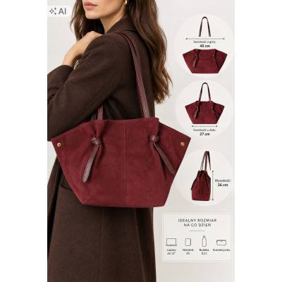 - Bordowa zamszowa torebka shopper burgund ZAMSZ NATURALNY Vera Pelle