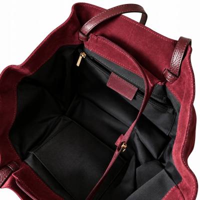 - Bordowa zamszowa torebka shopper burgund ZAMSZ NATURALNY Vera Pelle